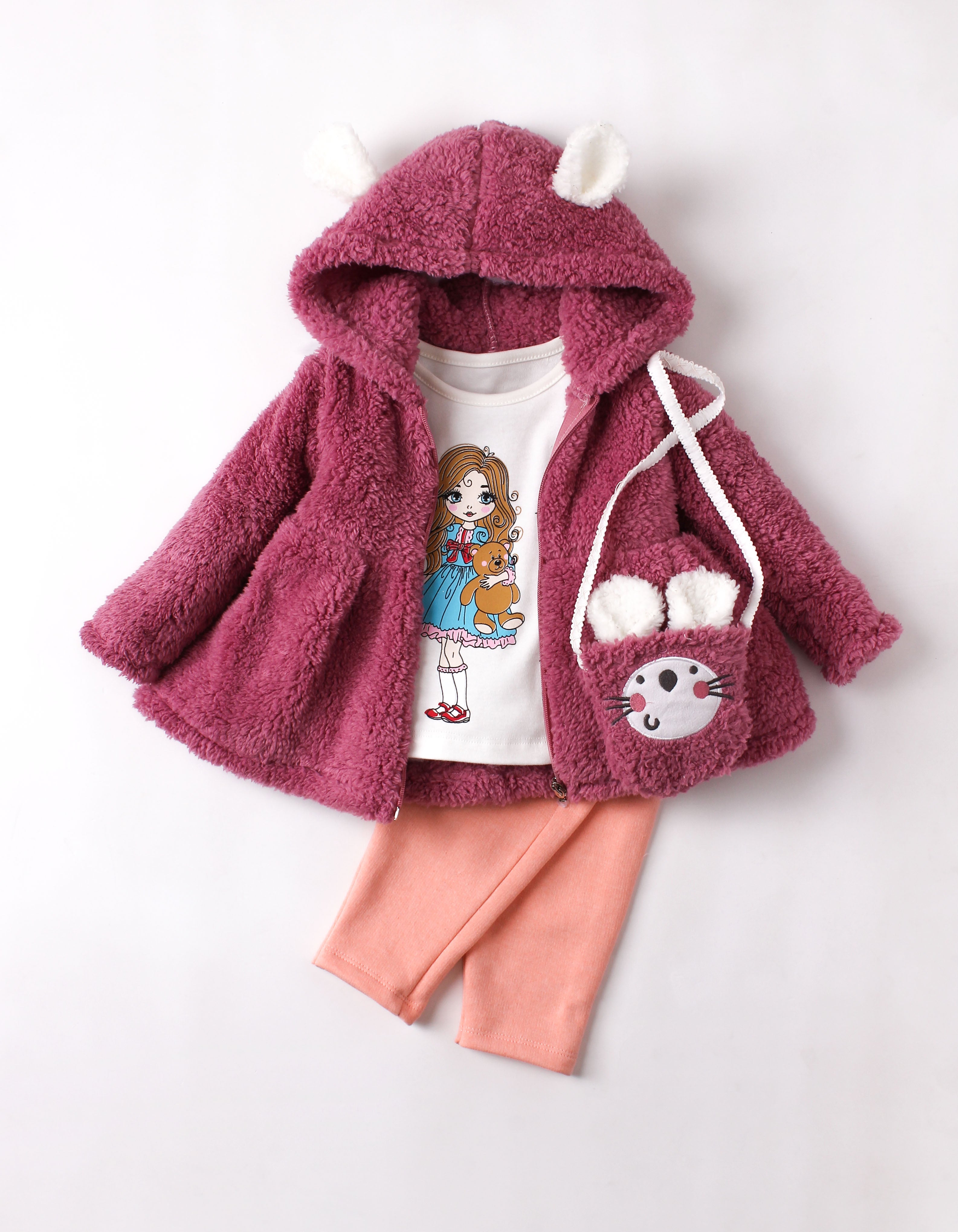 Kız Bebek Tavşan Çantalı Peluş Montlu 3 Parça Takım 9-24 Ay